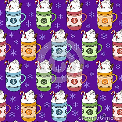 Bright pattern with hot winter beverage mugs. Vector Illustration